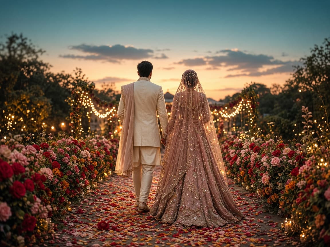 Couple walking a flower-lined wedding aisle at dusk