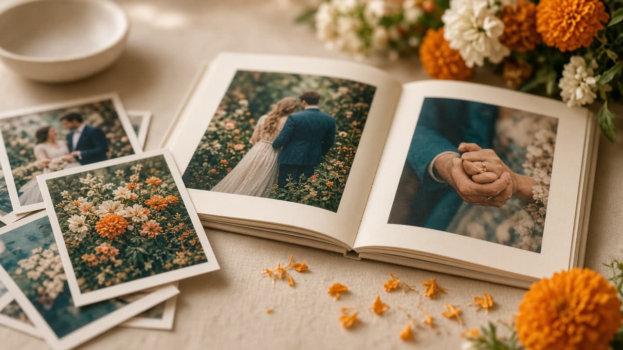 Printed wedding album pages on a desk