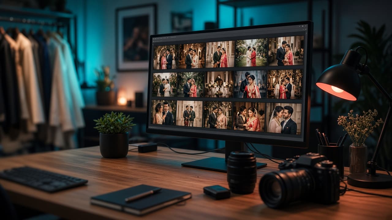 Studio desk with photo editing monitors
